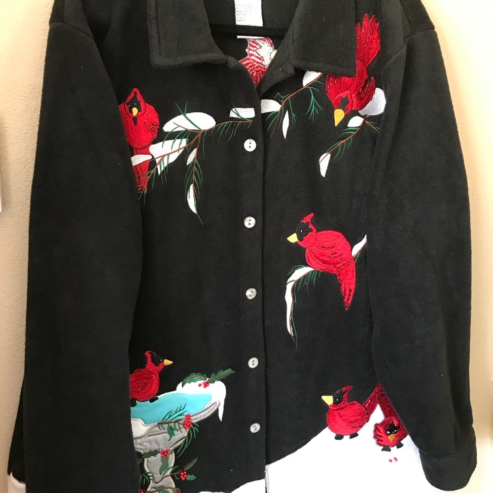 Quacker Factory 1X fleece jacket , black , red cardinal,winter